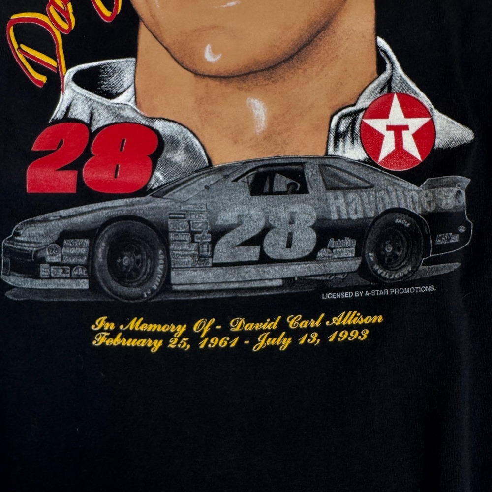 VTG 90s NASCAR Driver Davey Allison #28 Racing Memorial Shirt Mens XL Black USA - Picture 3 of 6